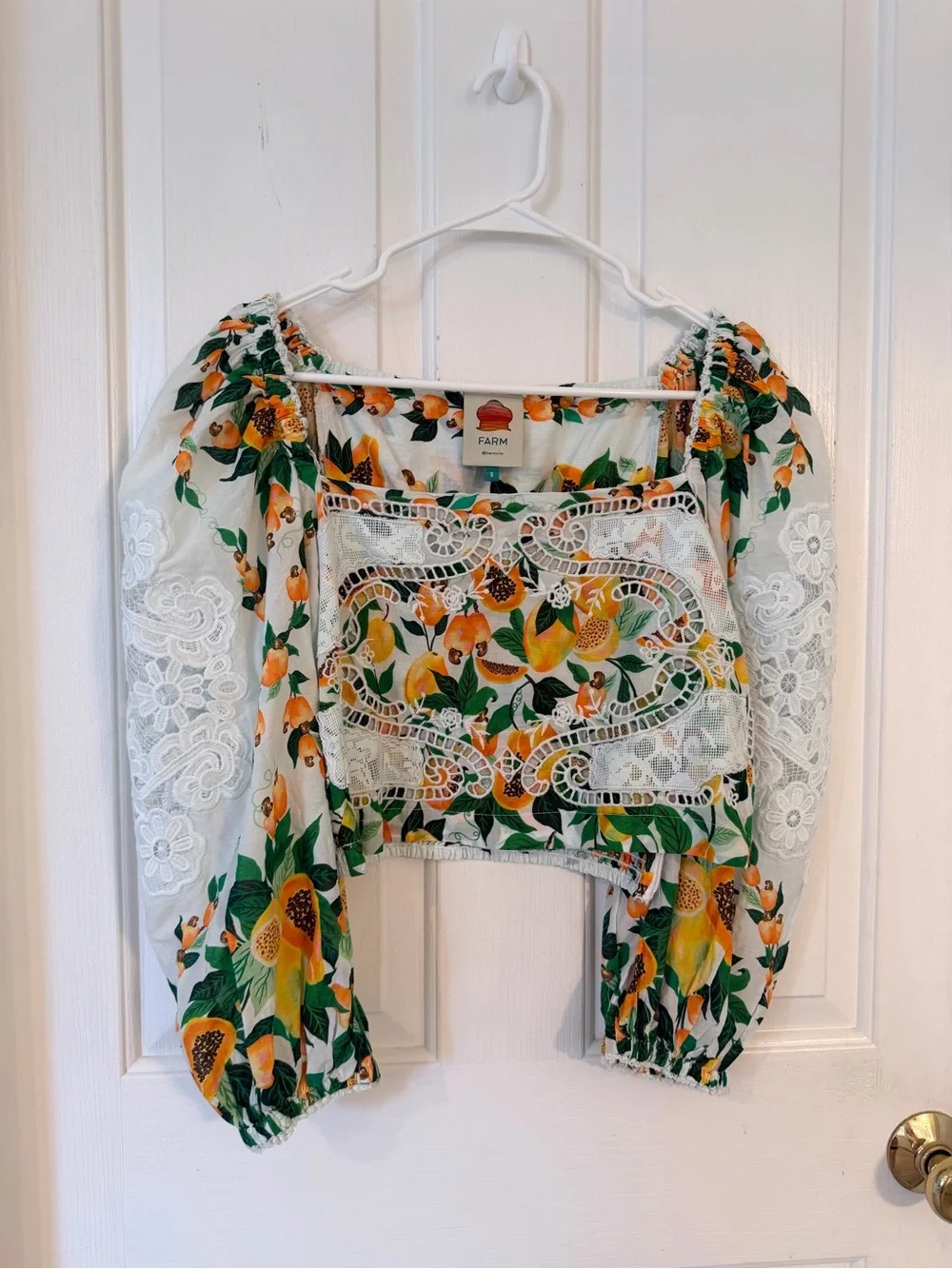 FARM Rio White Lemon-Print Square Neck Puff Sleeve Blouse